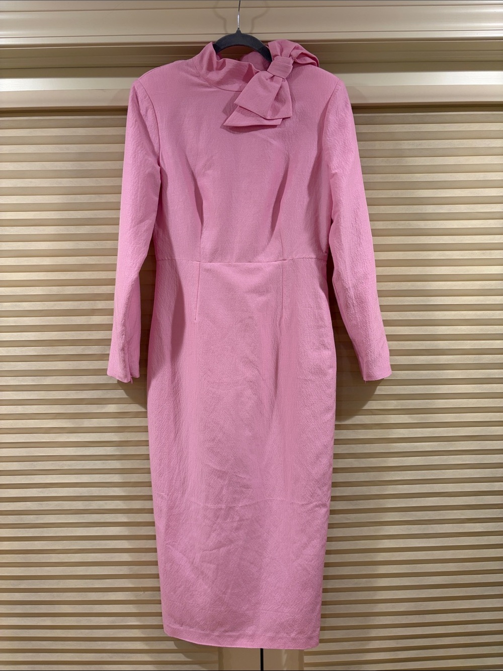 NWOT Roland Mouret Pink Long-Sleeve Bow-Neck Sheath Dress, Size US 6
